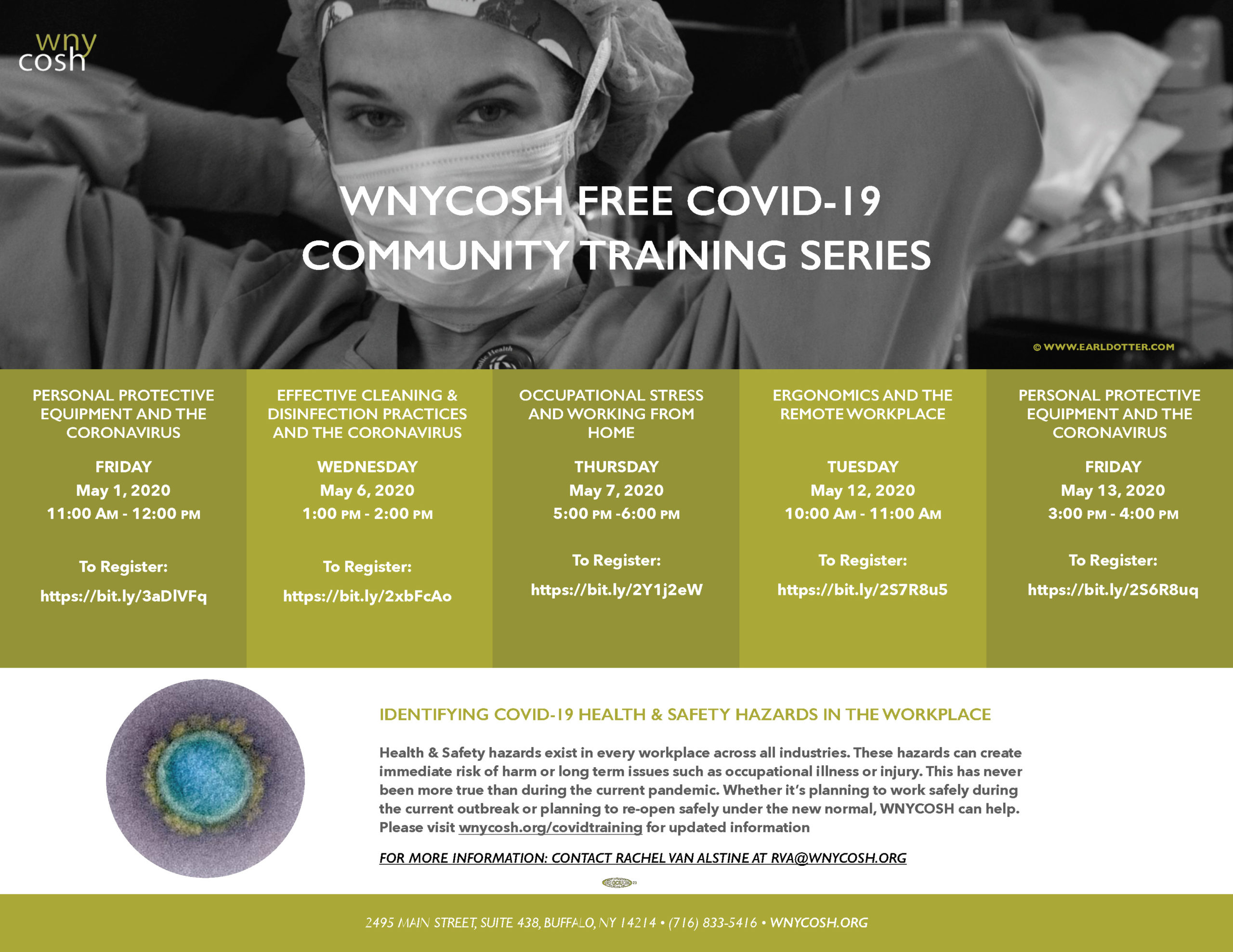Flyer for COVID-19 trainings offered by WNYCOSH in May 2020. Trainings include using personal protective equipment, proper cleaning and disinfection, home workplace stress, and home ergonomics.
