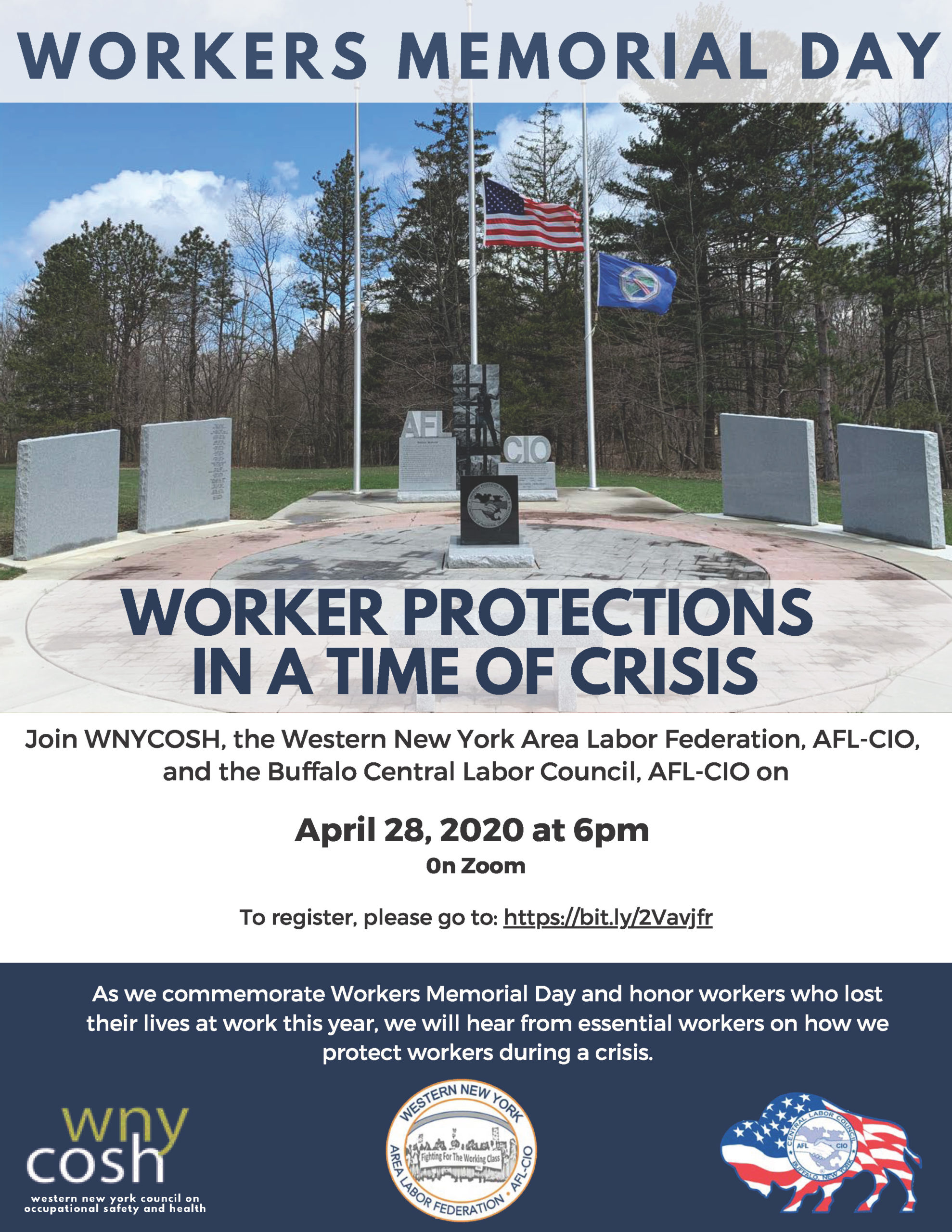 Flyer for Workers Memorial Day in Buffalo 2020. Image of a monument with an American and New York State flag at half-mast. Text reads: Worker protections in a time of crisis.