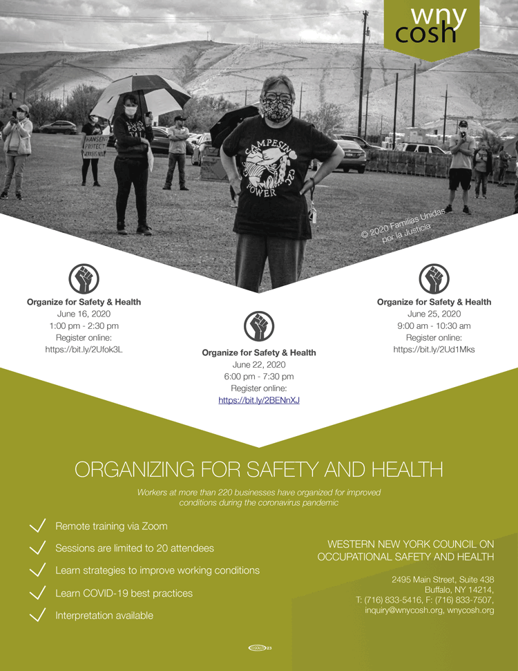 A flyer with dates for trainings on organizing for safety and health as workplaces reopen during COVID-19.