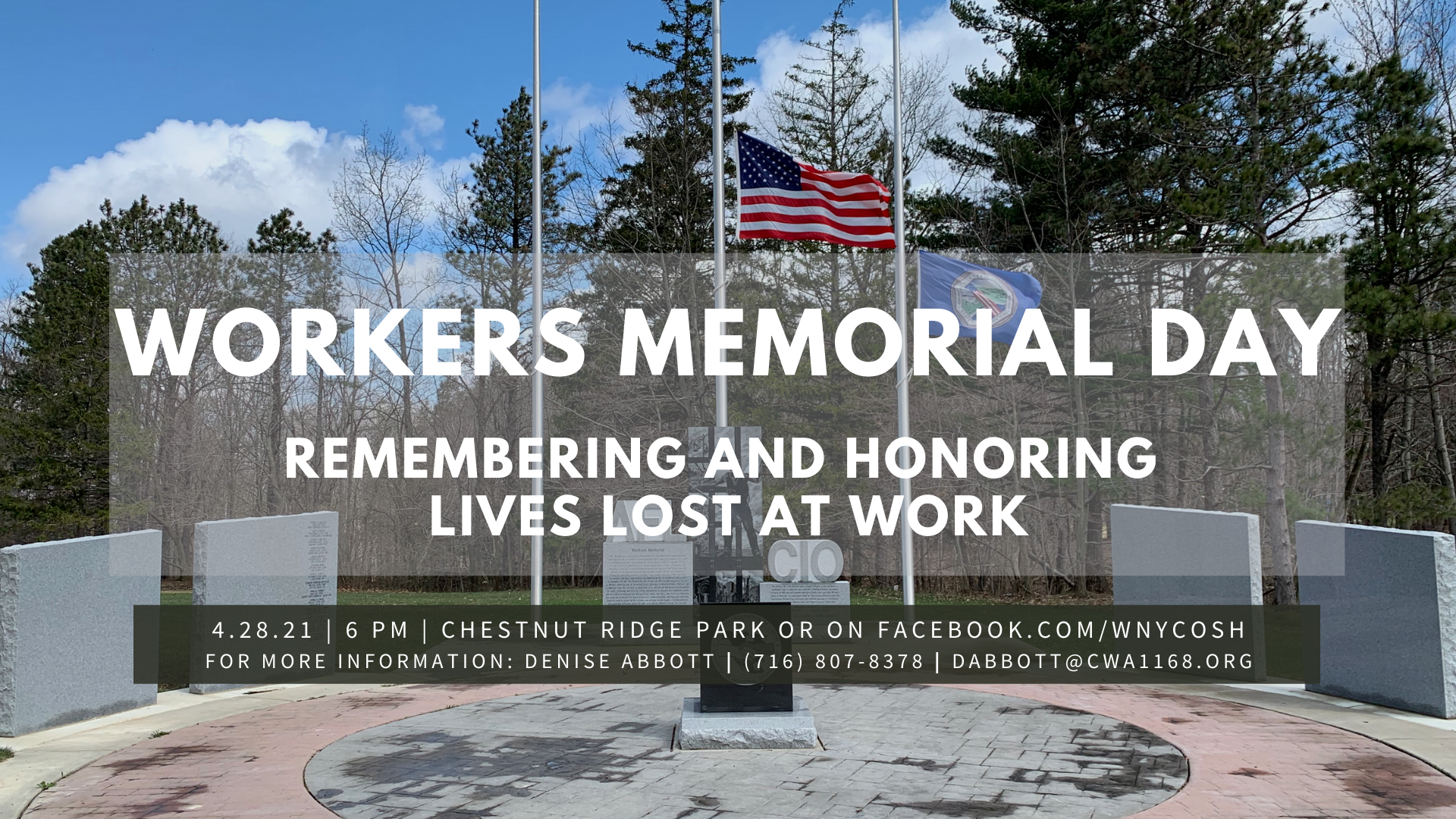 Workers Memorial Day 2021, taking place on April 28 at 6pm in Chestnut Ridge Park or on Facebook.