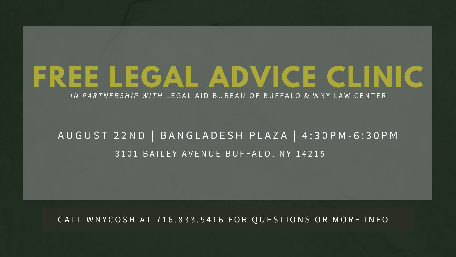 Gray flyer reading "Free Legal Advice Clinic" in partnership with Legal Aid Bureau of Buffalo and Western New York Law Center with the time, date, and location of the clinic.