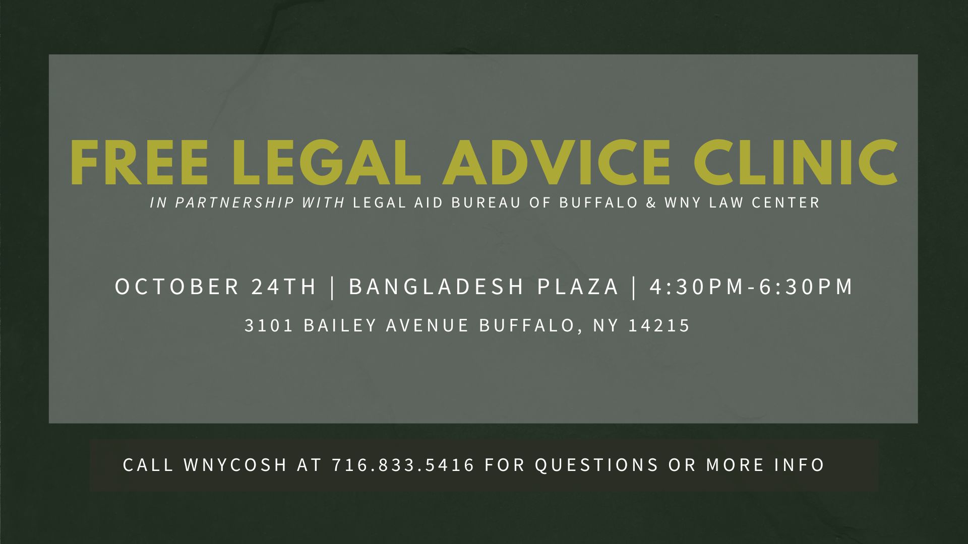 Gray flyer reading "Free Legal Advice Clinic" in partnership with Legal Aid Bureau of Buffalo and Western New York Law Center with the time, date, and location of the clinic.