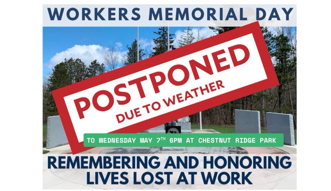 Flyer with a red box over it with the words "Postponed due to weather" and the new date of the event